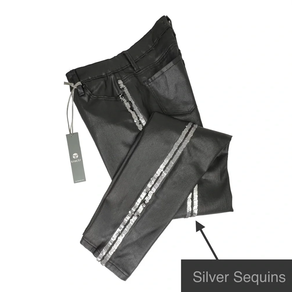 Tractr Skinny Jeans Girl’s Size 16 Black Silver Sequins Waxed Tuxedo New NWT